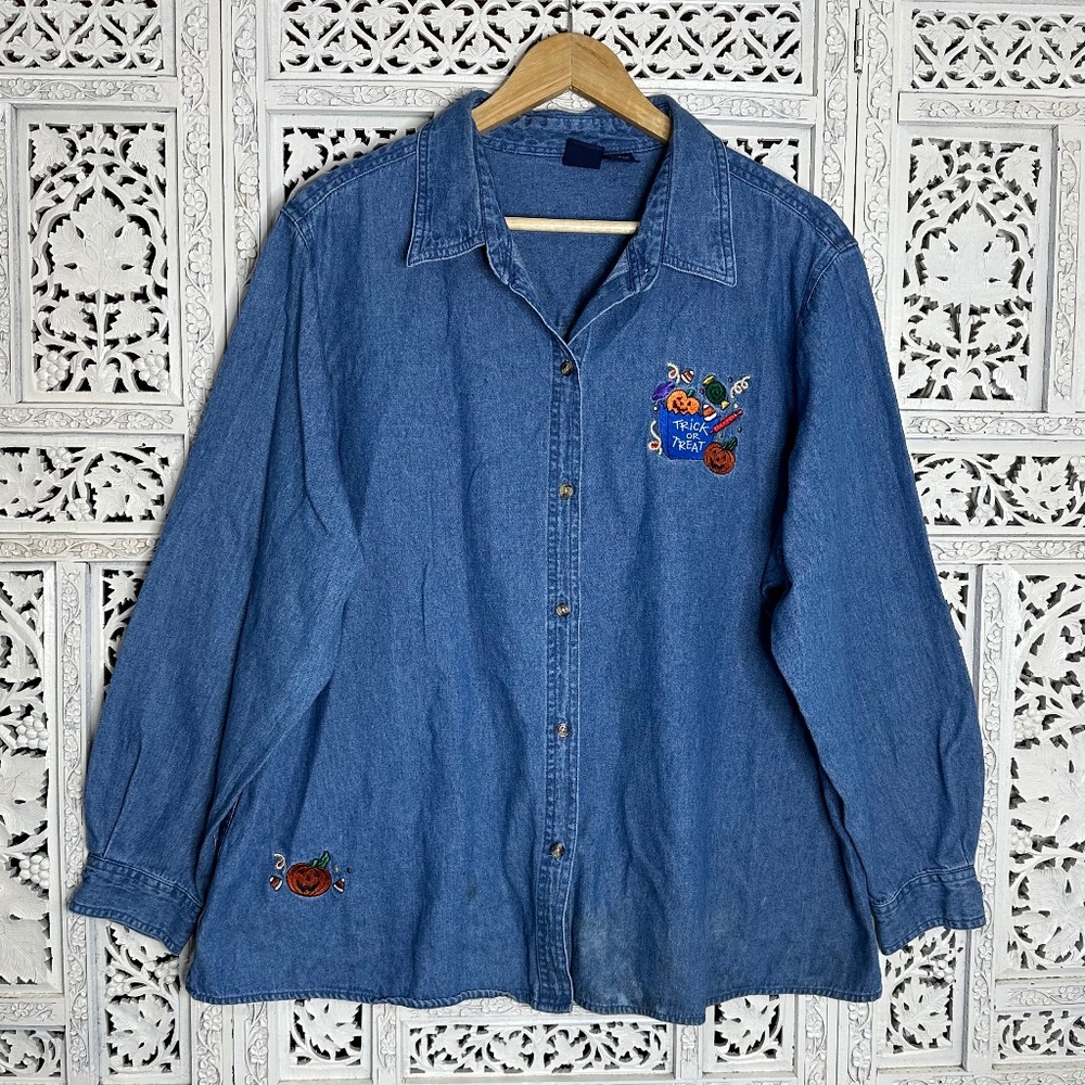 Vintage Basic Editions Blue Spooky Halloween Pumpkin Button Up Blouse Sz 1X‎